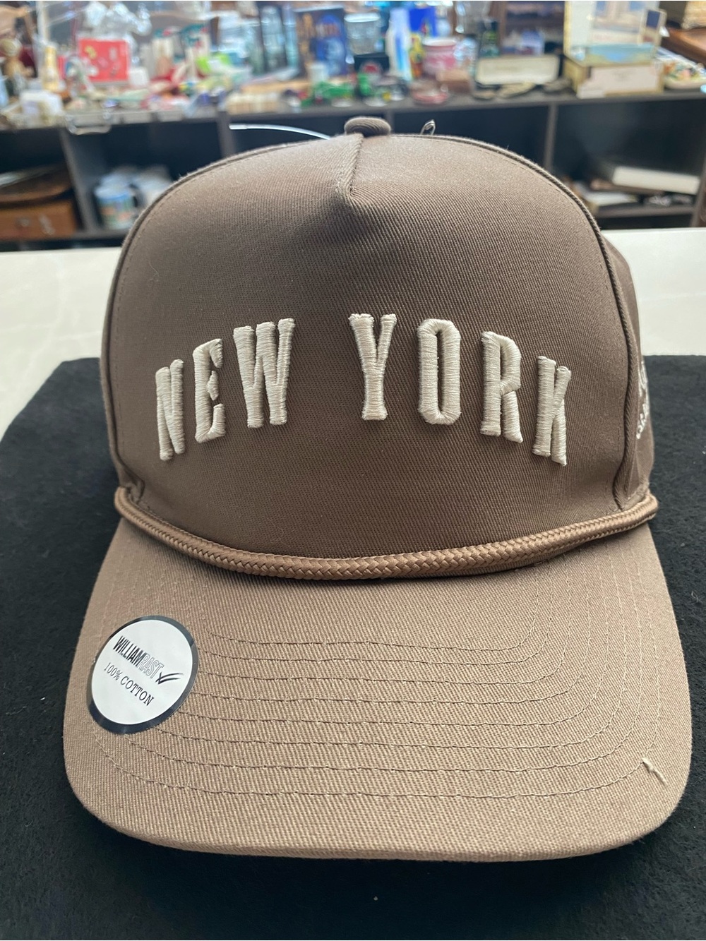 William Rast New York Brown Baseball Cap with Cream Embroidery